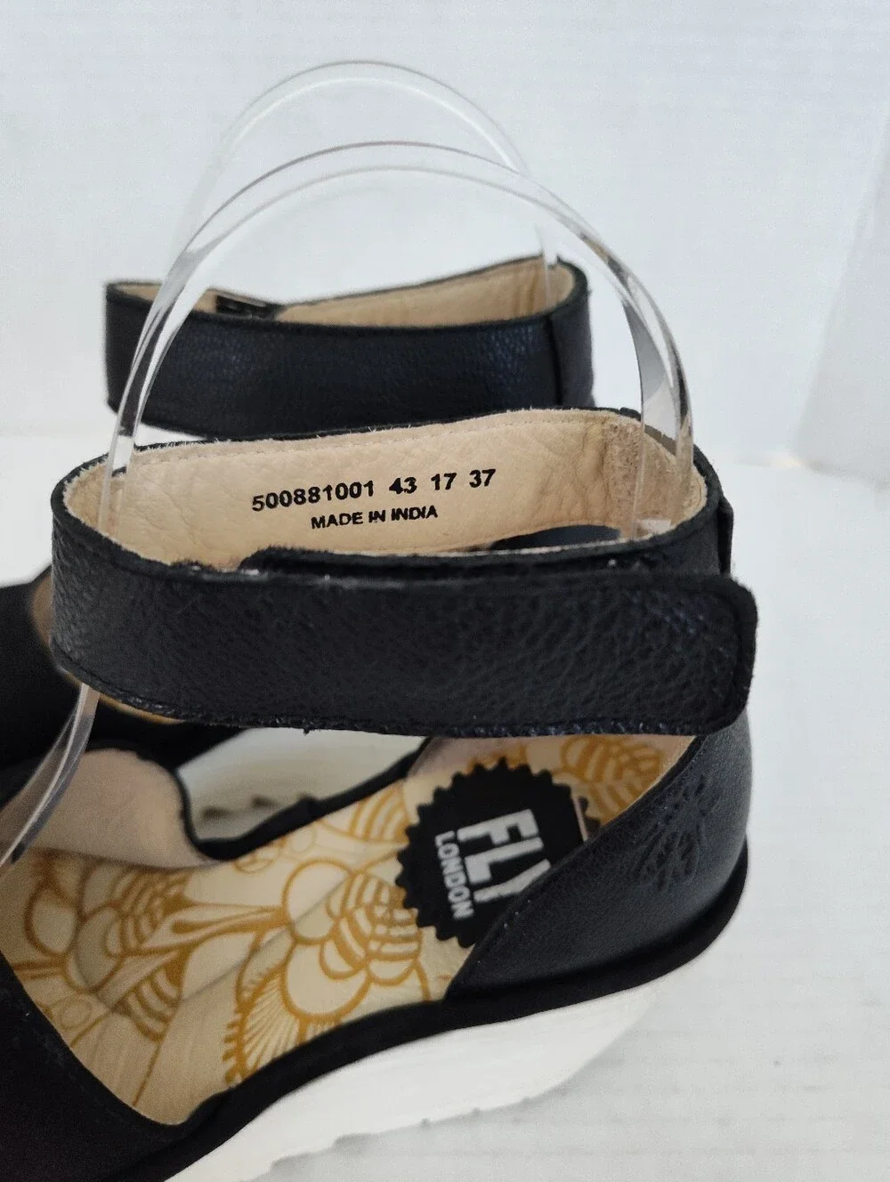 Fly London Yake Black Perforated Leather Ankle Strap Wedge Sandals sz 37 6-6.5
